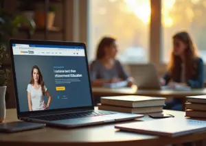 Современное рабочее место с ноутбуком, показывающим сайт проверки лицензии онлайн-школы, и взрослыми учащимися, занимающимися онлайн-обучением