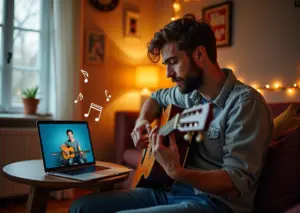 Взрослый человек учится играть на акустической гитаре через онлайн-курс на ноутбуке в домашней обстановке