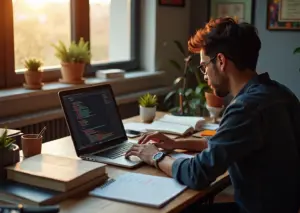 Современный рабочий стол с ноутбуком и кодом SQL на экране, учебные материалы по аналитике данных и онлайн обучению