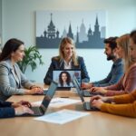 Взрослые учащиеся английскому онлайн за ноутбуками, преподаватель на экране и сравнительная таблица рейтинга школ 2026 на столе