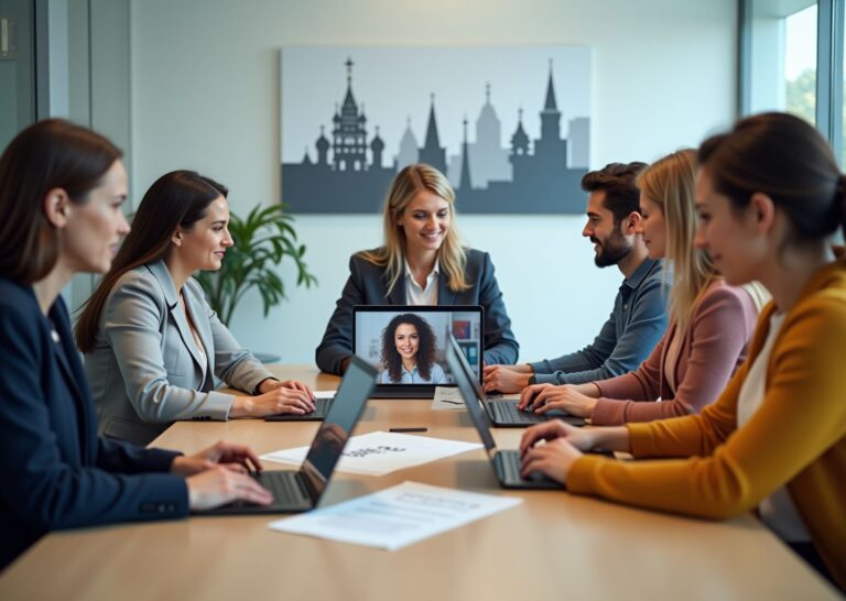 Взрослые учащиеся английскому онлайн за ноутбуками, преподаватель на экране и сравнительная таблица рейтинга школ 2026 на столе