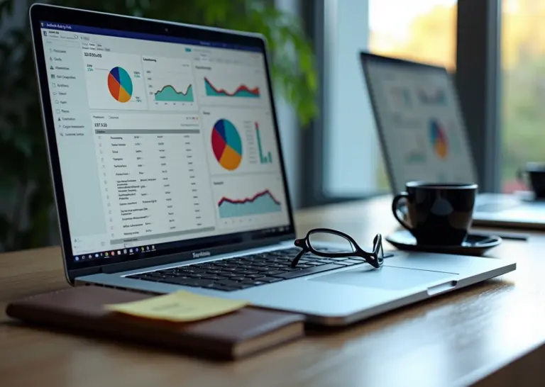 Два ноутбука с дашбордами Power BI и Tableau на рабочем столе, взрослые обучающиеся работают вместе, заметка с логотипом AdultEDU.ru на столе