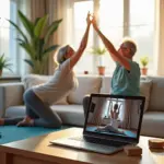 Двое взрослых занимаются йогой дома перед ноутбуком с онлайн‑инструктором, коврик и реквизит на переднем плане