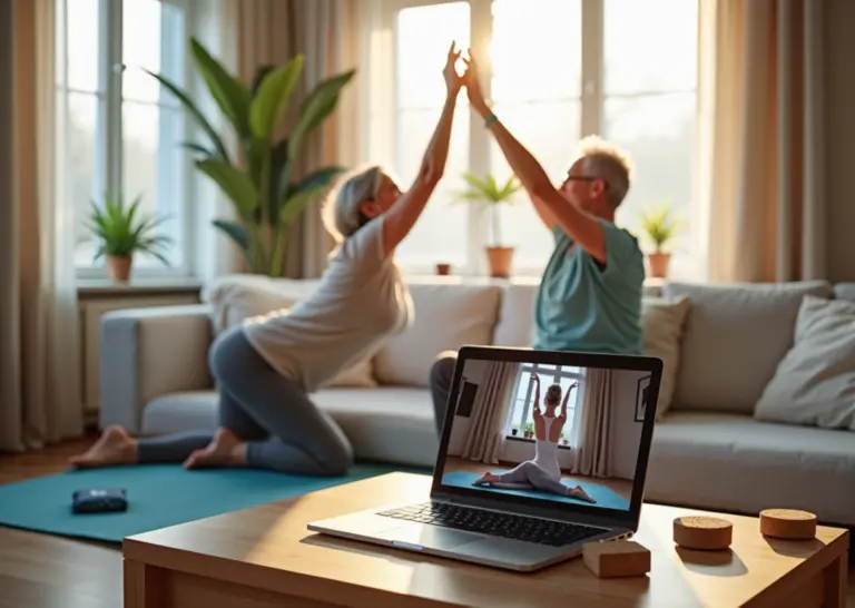 Двое взрослых занимаются йогой дома перед ноутбуком с онлайн‑инструктором, коврик и реквизит на переднем плане