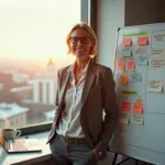 Взрослый специалист у доски с диаграммой Ганта и ноутбуком с Jira, символы онлайн‑курсов и сертификатов на фоне, домашний офис с видом на Москву