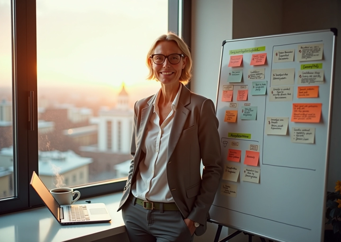 Взрослый специалист у доски с диаграммой Ганта и ноутбуком с Jira, символы онлайн‑курсов и сертификатов на фоне, домашний офис с видом на Москву