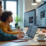 Взрослые учащиеся за ноутбуками изучают онлайн курсы на образовательном портале; экран с карточками курсов, блокнот и смартфон рядом