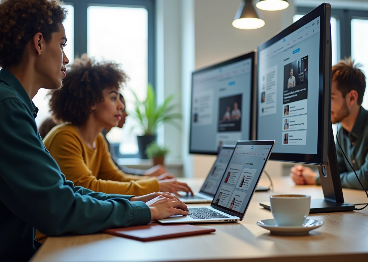 Взрослые учащиеся за ноутбуками изучают онлайн курсы на образовательном портале; экран с карточками курсов, блокнот и смартфон рядом