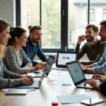 Взрослые учащиеся разрабатывают приложение без кода за ноутбуками в коворкинге, на экране — визуальный редактор no-code.