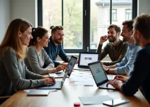 Взрослые учащиеся разрабатывают приложение без кода за ноутбуками в коворкинге, на экране — визуальный редактор no-code.