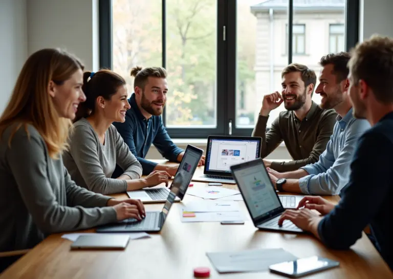 Взрослые учащиеся разрабатывают приложение без кода за ноутбуками в коворкинге, на экране — визуальный редактор no-code.