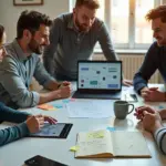 Взрослые ученики за ноутбуком с интерфейсом Figma и доской FigJam в светлом коворкинге, элементы дизайна и заметки вокруг