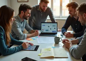 Взрослые ученики за ноутбуком с интерфейсом Figma и доской FigJam в светлом коворкинге, элементы дизайна и заметки вокруг