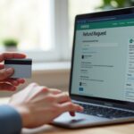 Взрослый студент за ноутбуком держит банковскую карту и смотрит на экран с письмом о возврате средств за онлайн‑курс; видны скриншоты переписки и квитанция об оплате.