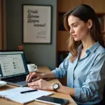 Фотография коуча за ноутбуком с заметками и сертификатом на столе в домашнем офисе, изображающая онлайн‑обучение и старт профессиональной практики в России