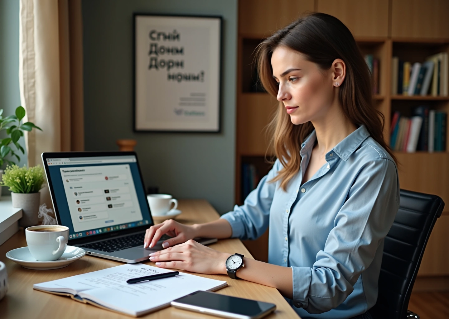 Фотография коуча за ноутбуком с заметками и сертификатом на столе в домашнем офисе, изображающая онлайн‑обучение и старт профессиональной практики в России