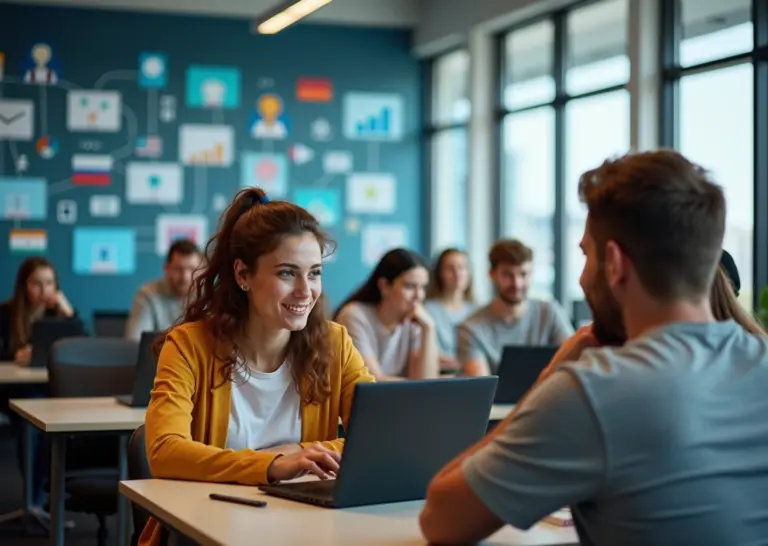 Современная образовательная платформа для взрослых с людьми, обучающимися онлайн на ноутбуках и планшетах