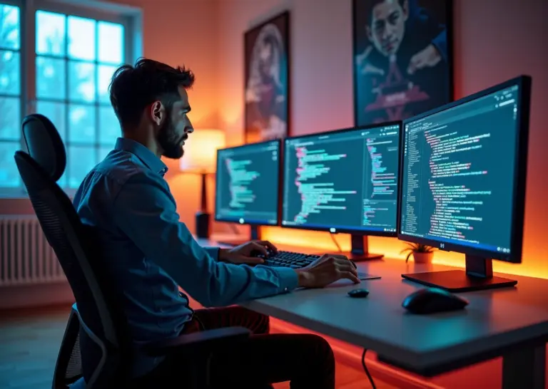 Взрослый человек изучает программирование онлайн на компьютере в современном цифровом рабочем пространстве