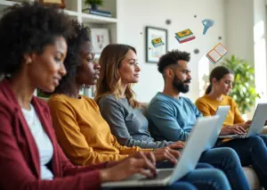 Группа взрослых людей занимается онлайн-обучением дома с использованием ноутбуков и планшетов с элементами, символизирующими профессиональное развитие, изучение языков и развитие soft skills