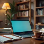 Современное рабочее место для учебы взрослых с ноутбуком, смартфоном, приложениями для продуктивности и учебными материалами