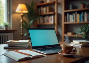 Современное рабочее место для учебы взрослых с ноутбуком, смартфоном, приложениями для продуктивности и учебными материалами