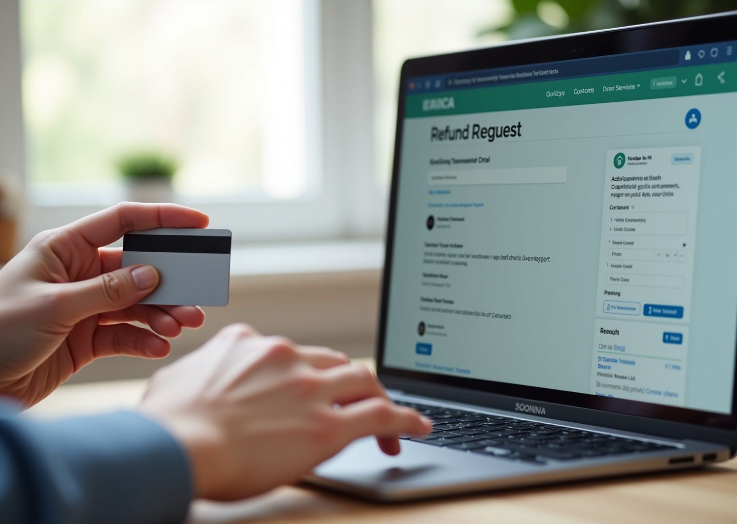 Взрослый студент за ноутбуком держит банковскую карту и смотрит на экран с письмом о возврате средств за онлайн‑курс; видны скриншоты переписки и квитанция об оплате.